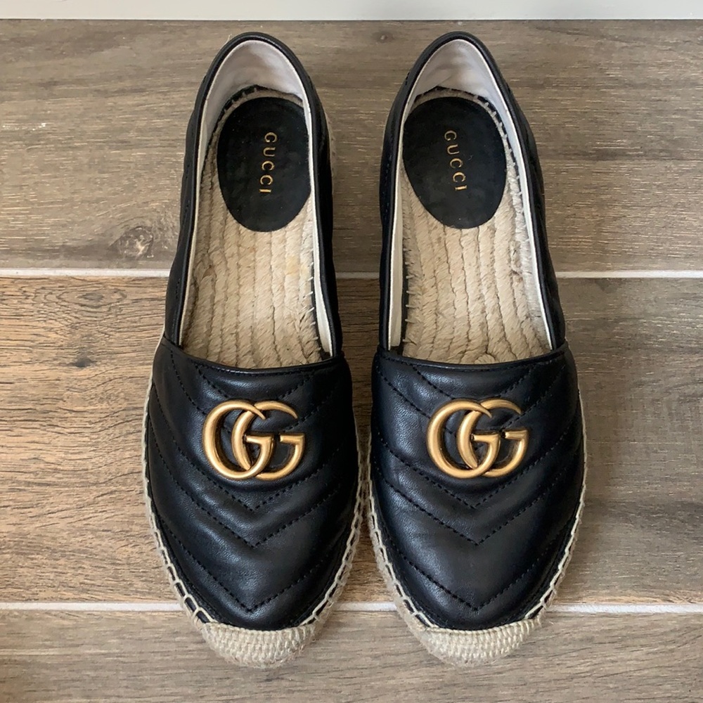 Gucci Black Quilted Leather Espadrille Flats with Gold Double G Logo
